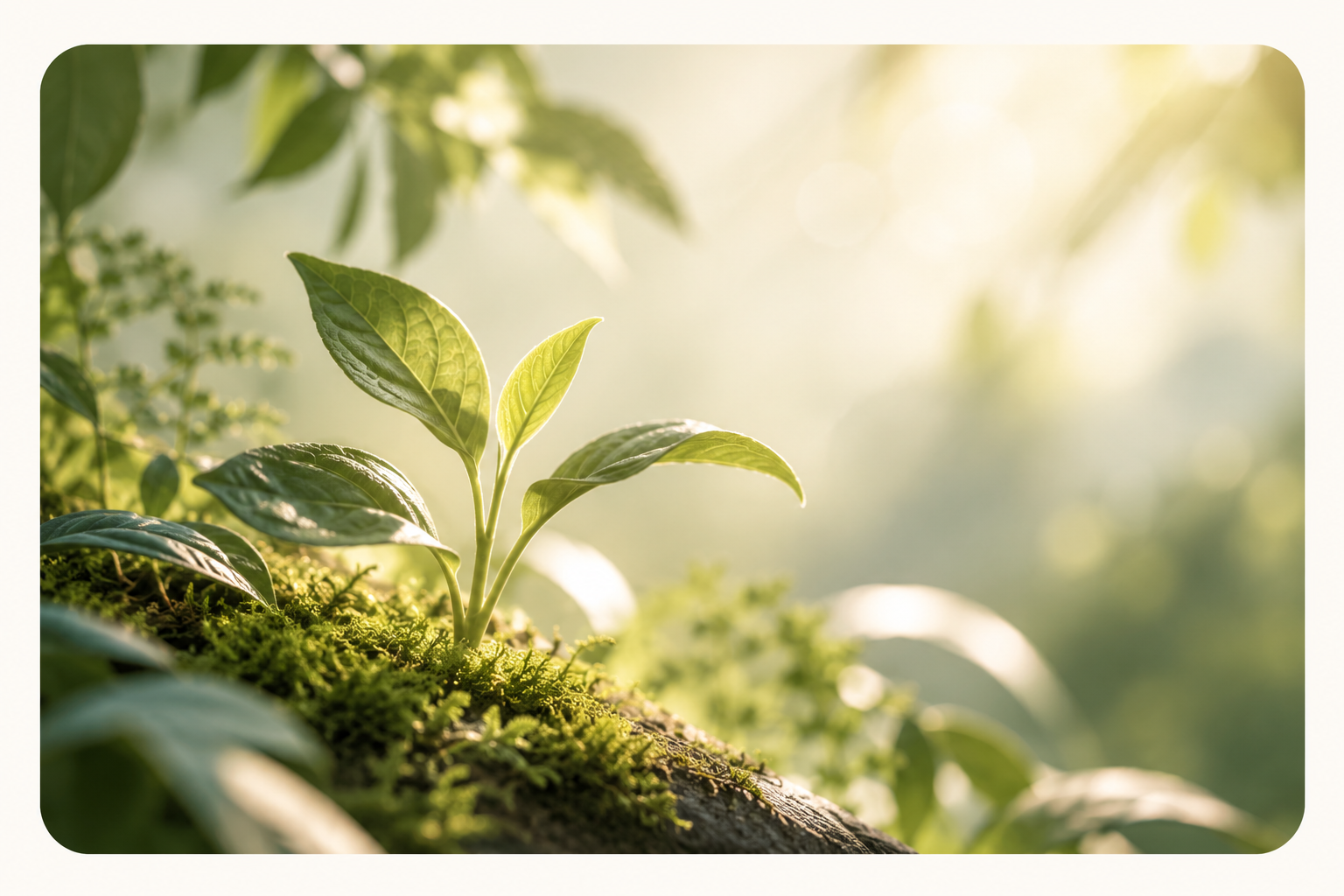 Young green plant growing in warm natural sunlight, representing nature's healing power